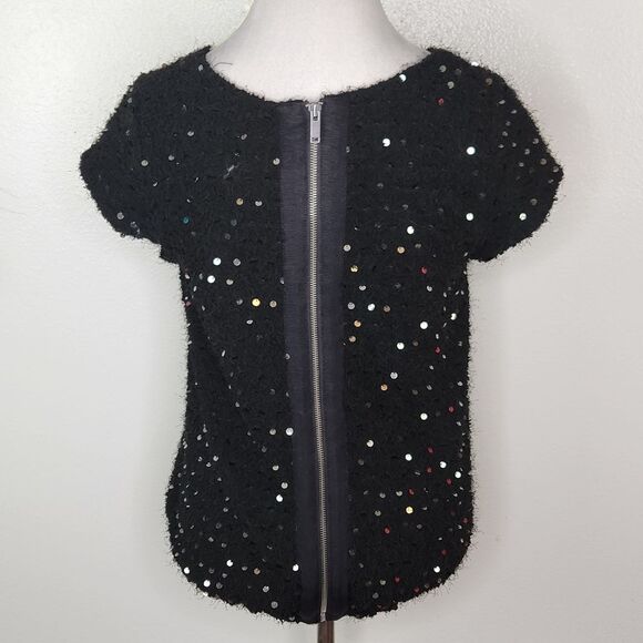 Gap Black Fuzzy Cap Sleeve Sequin Sweater Size Medium - Picture 8 of 11